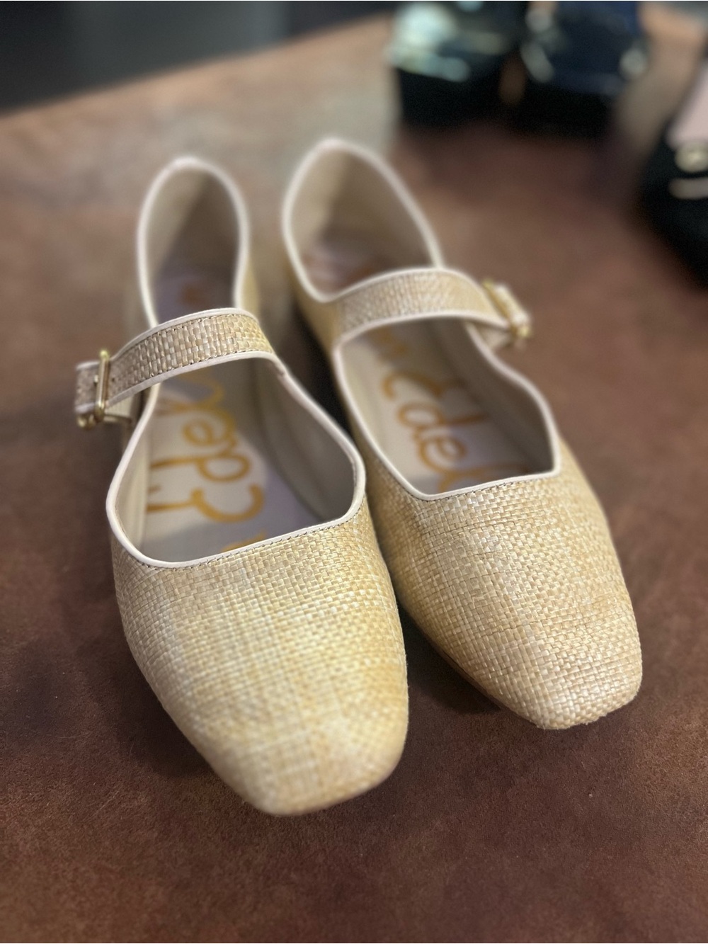 Sam Edelman Natural Woven Mary Jane Flats with Gold Buckle